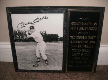 Image of Mickey Mantle hand signed Yankees photo-plaque.