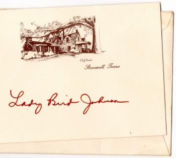 Image of Lady Bird Johnson autographed LBJ Ranch card w/original envelope